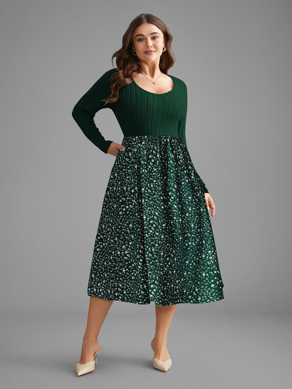 Ditsy Floral Patchwork Texture Midi Dress