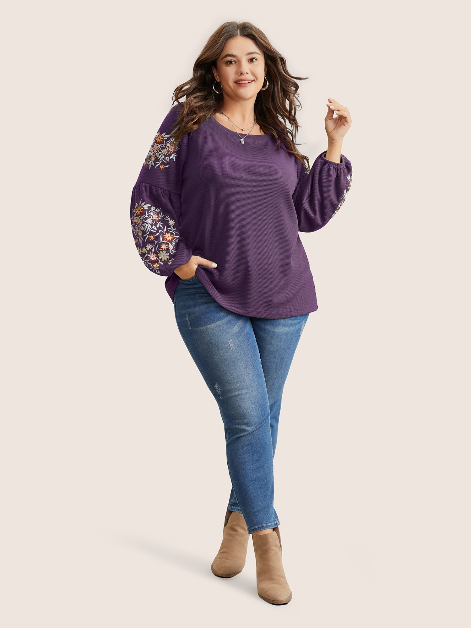 Waffle Knit Floral Embroidered Lantern Sleeve T-shirt