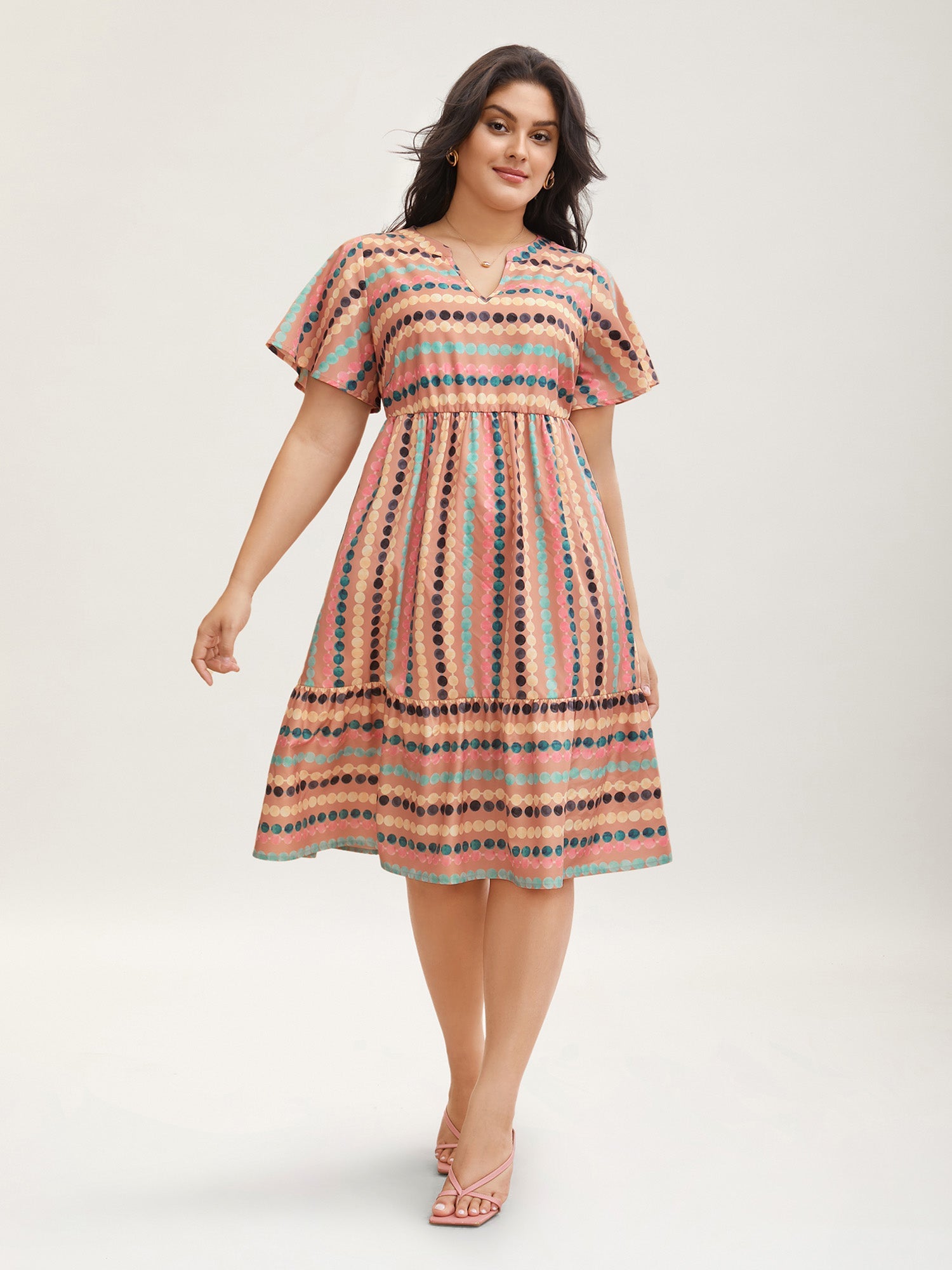 Dot Print Elastic Waist Split Neck Midi Dress