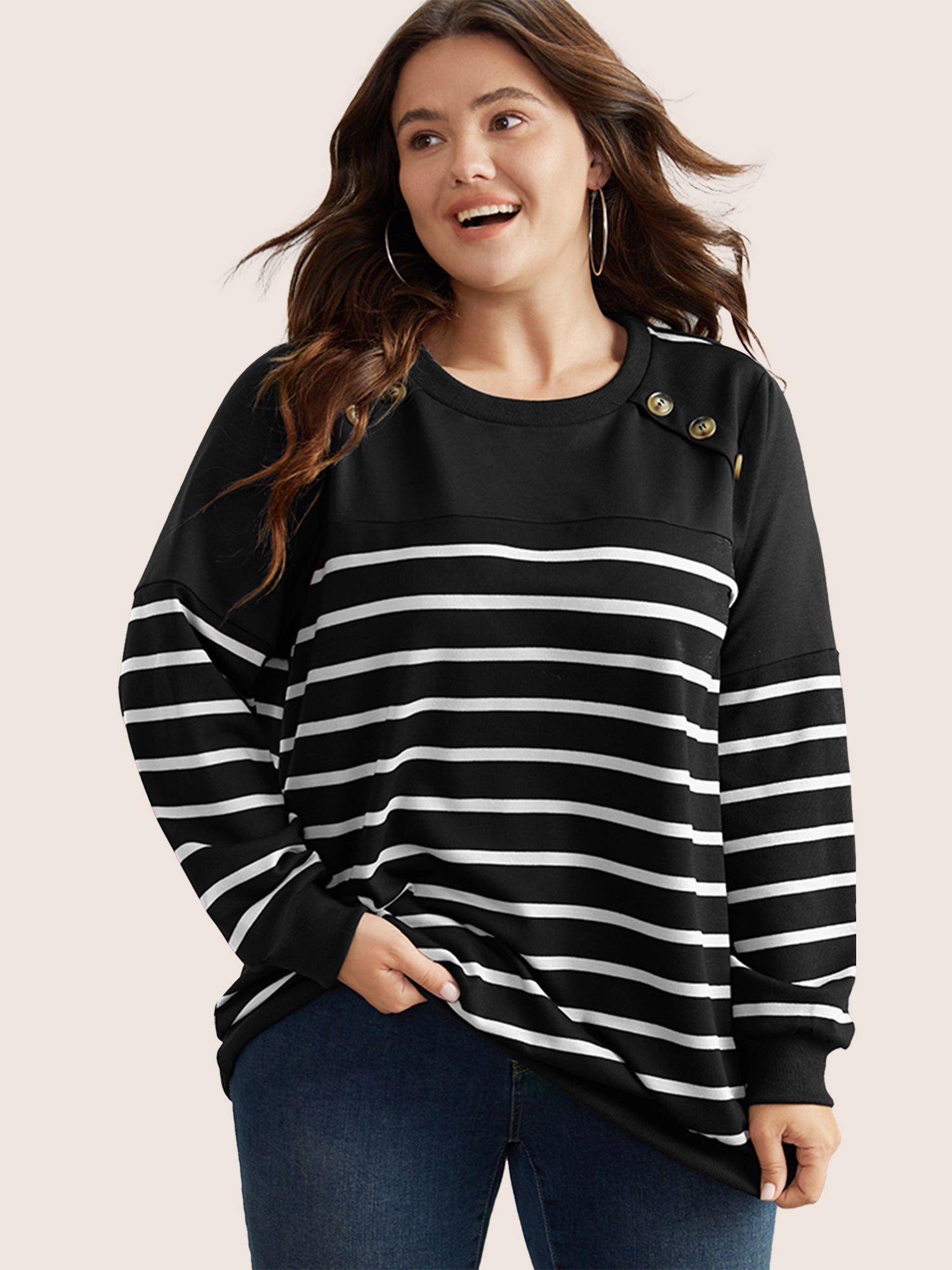 Striped Patchwork Button Detail Sweatshirt