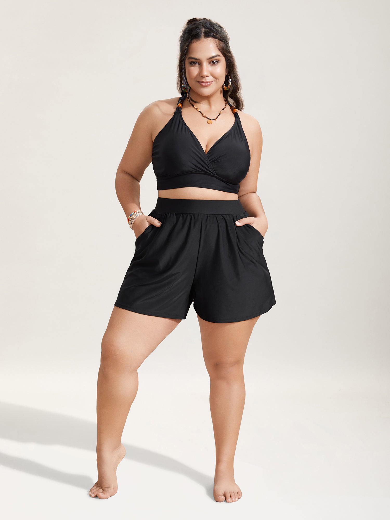 High Waisted Pockets Solid Pleated Swim Bottom