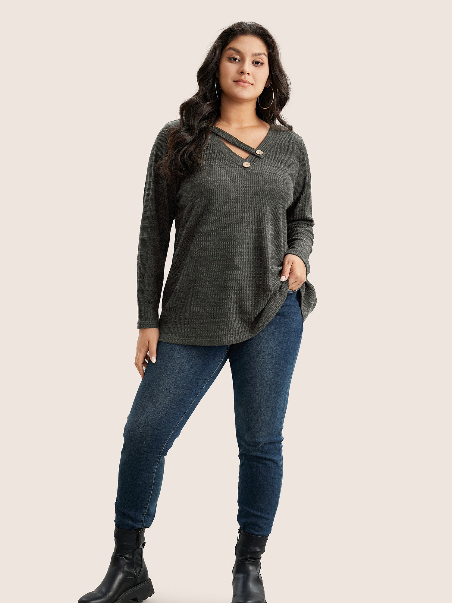 Solid Rib Knit Button Detail T-shirt