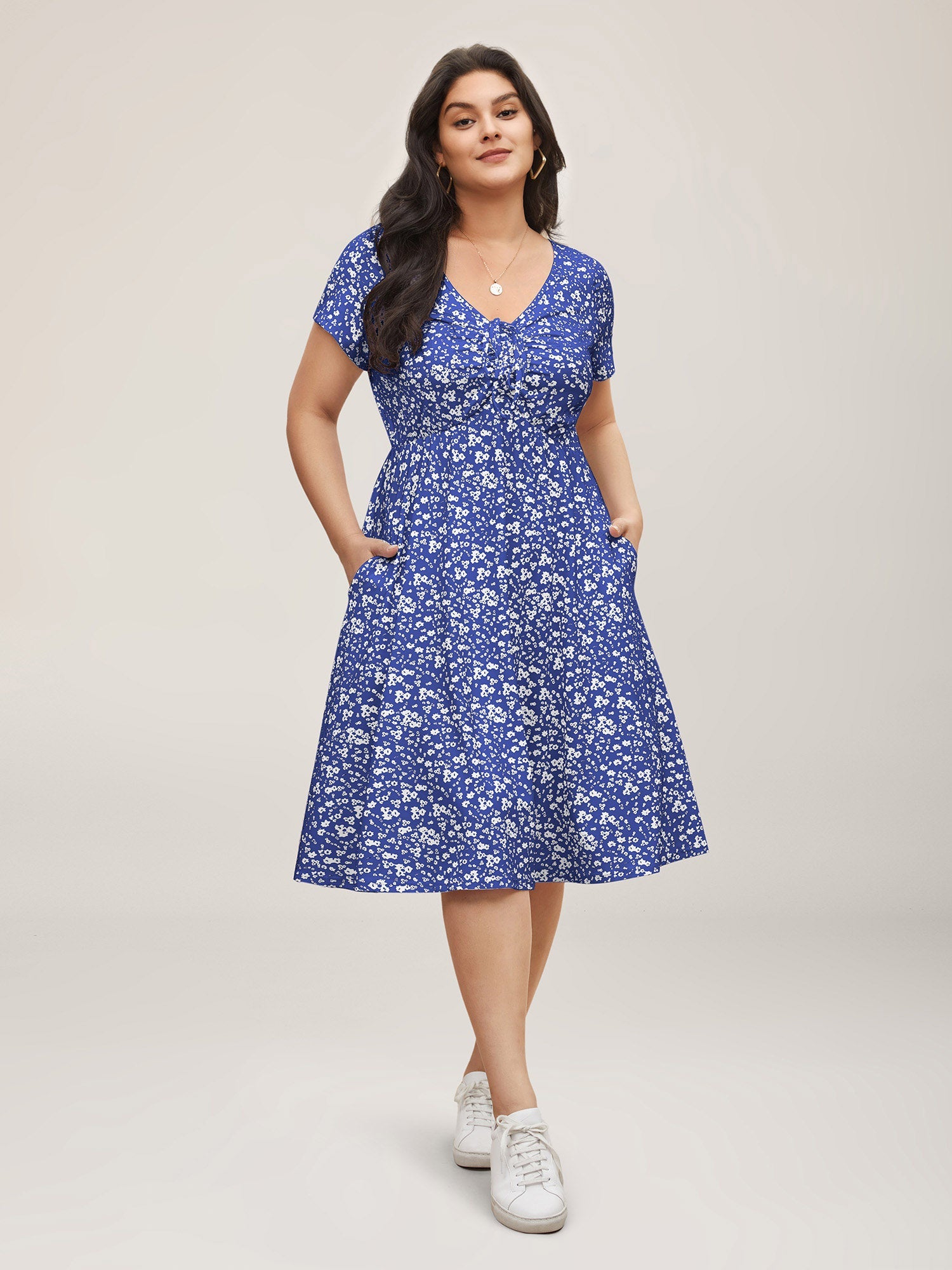 Ditsy Floral Elastic Waist Knot Drawstring Dress