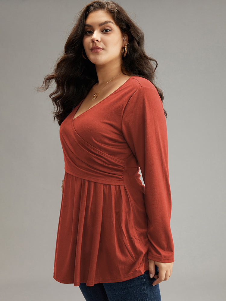 Solid Crossover V Neck Ruffle Hem T-shirt