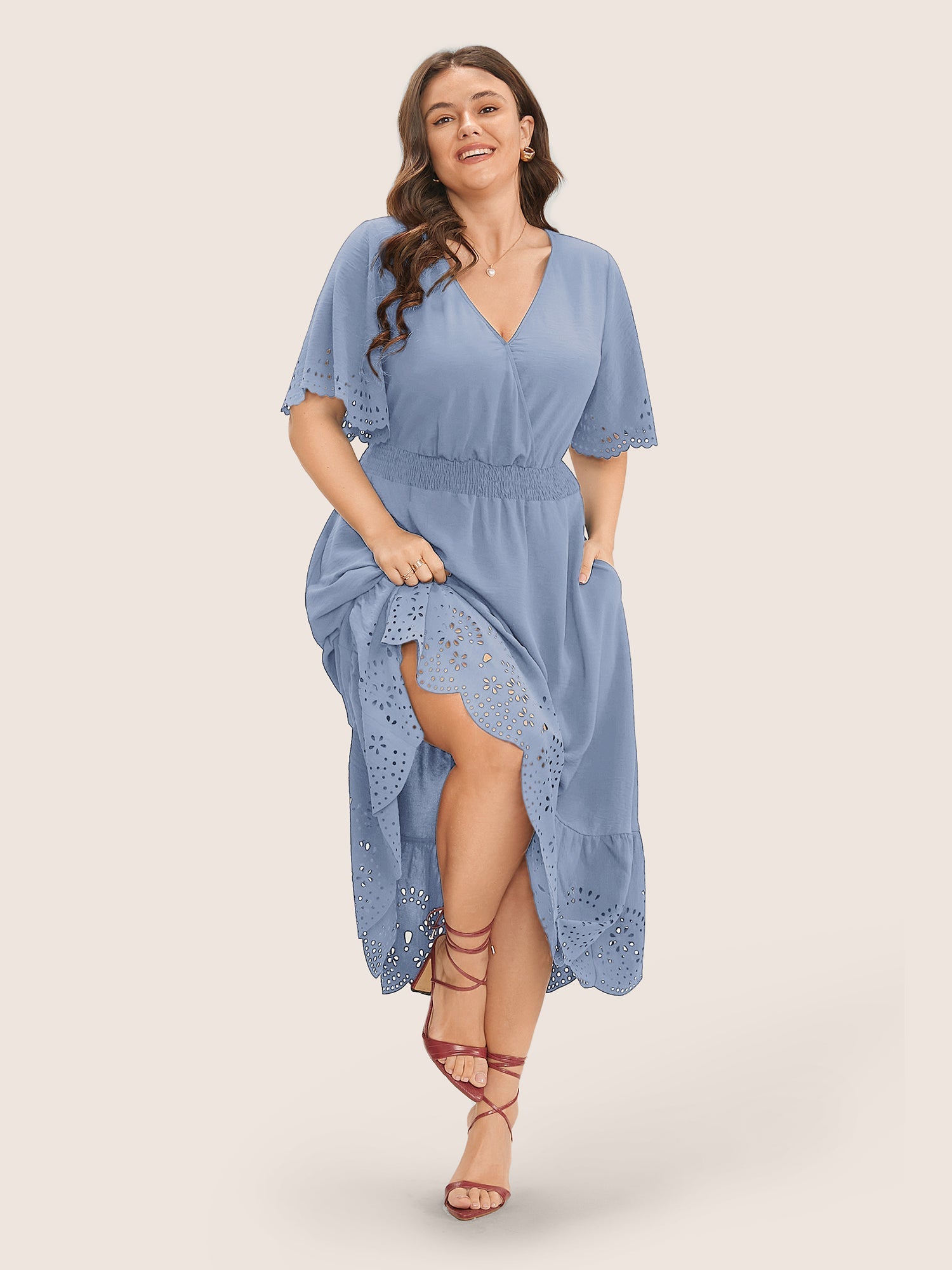 Solid Laser Cut Shirred Pocket Wrap Scalloped Trim Flutter Dress