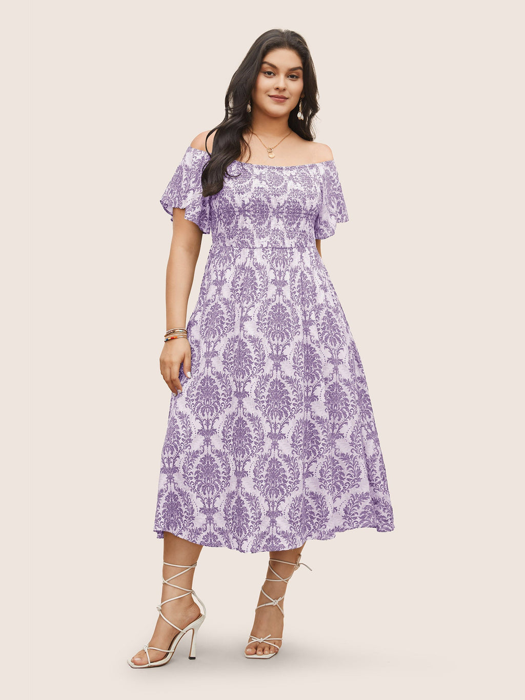 Bandana Print Shirred Off Shoulder Dress