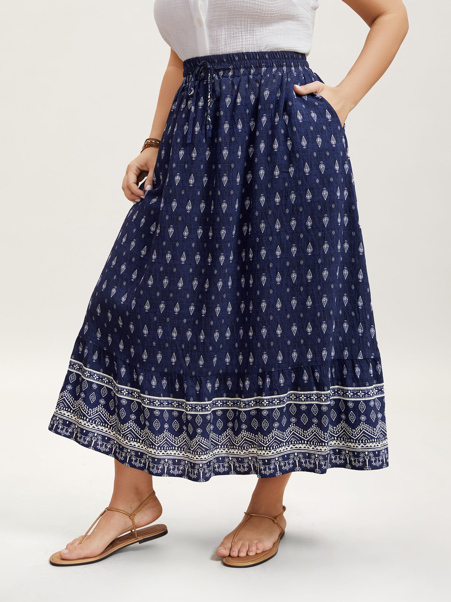 Boho Print Pleated Drawstring Midi Skirt