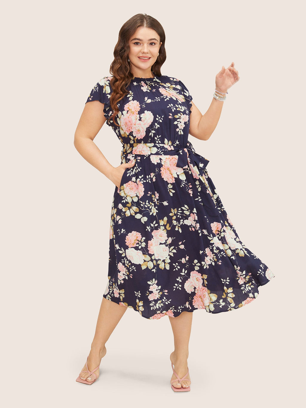 Floral Frill Trim Mock Neck Pocket Ruffle Belted Cap Sleeve Dress