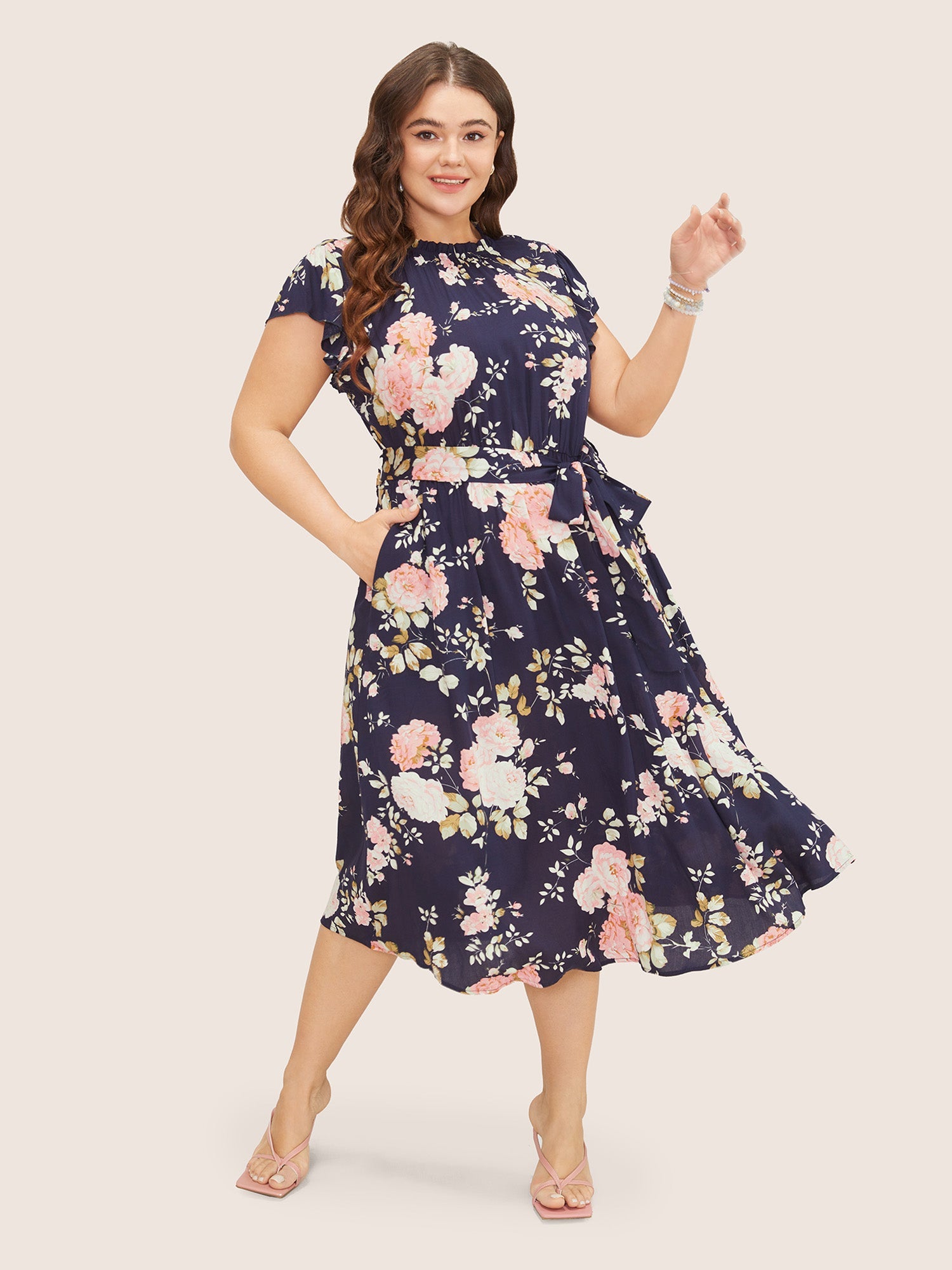 Floral Frill Trim Mock Neck Pocket Ruffle Belted Cap Sleeve Dress