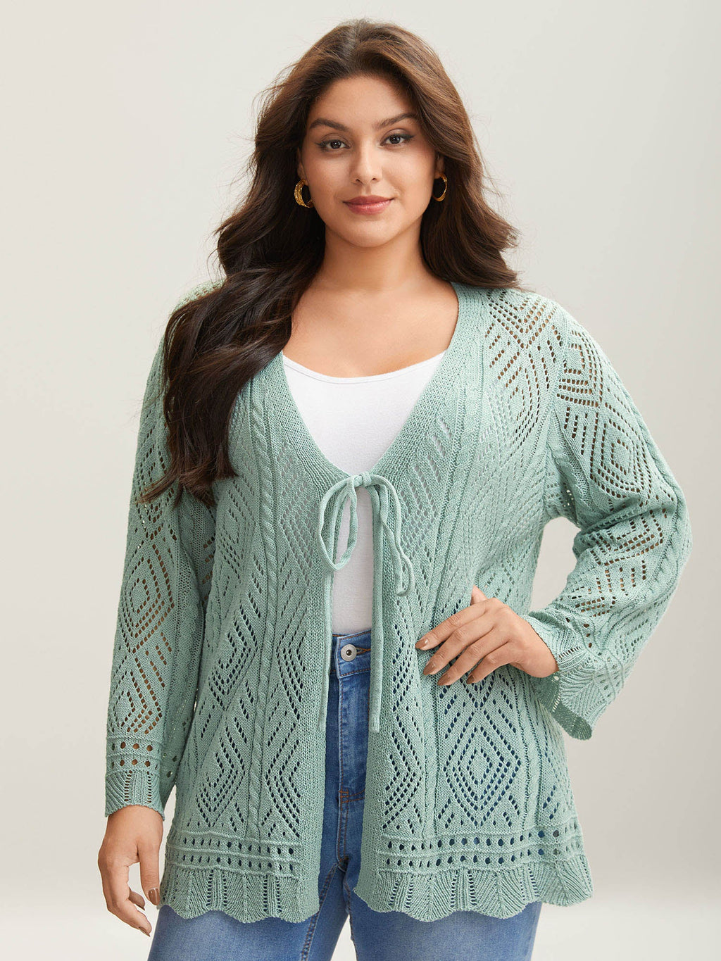Cut-Out Textured Tied Knit Cardigan
