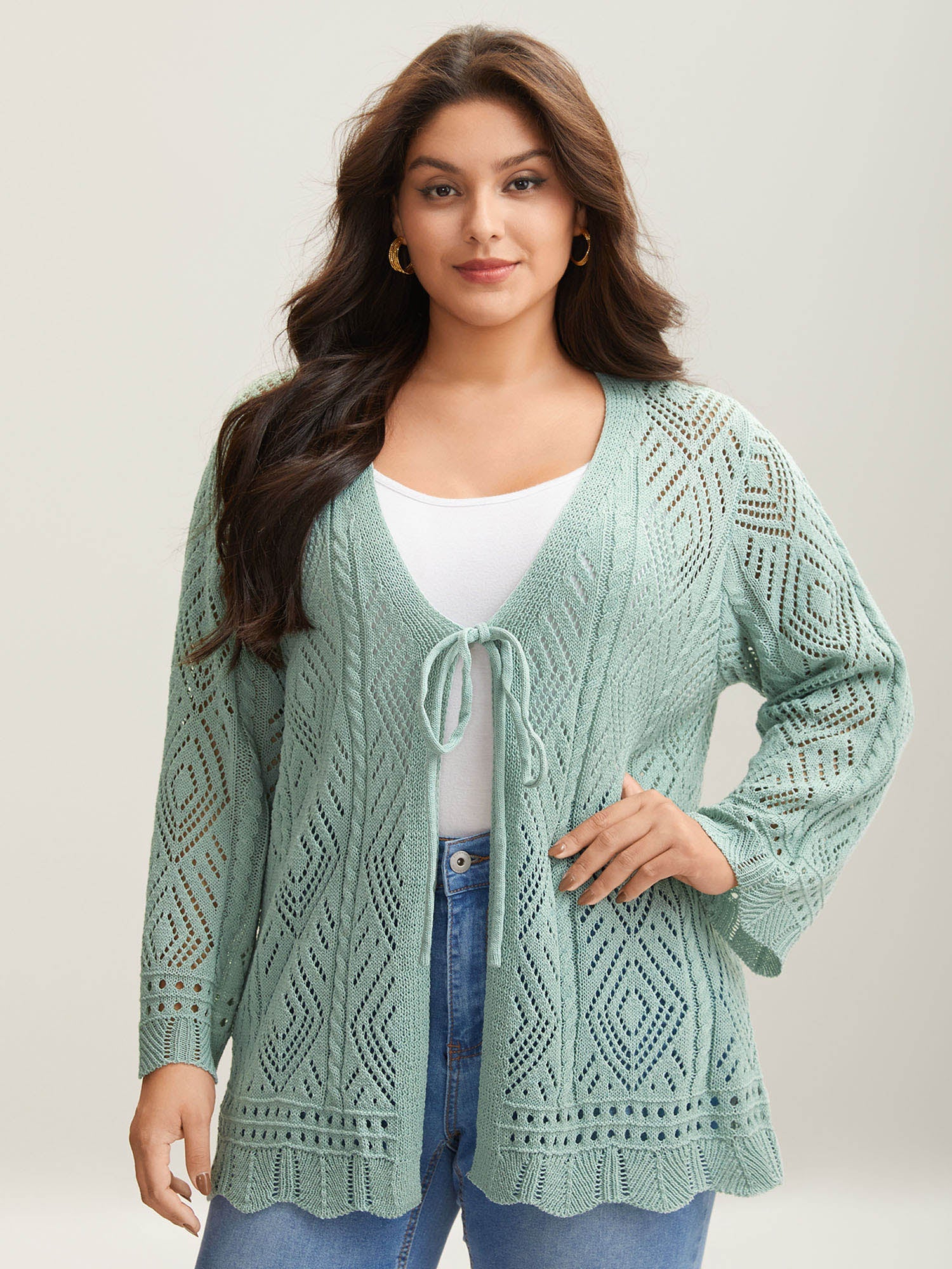 Cut-Out Textured Tied Knit Cardigan