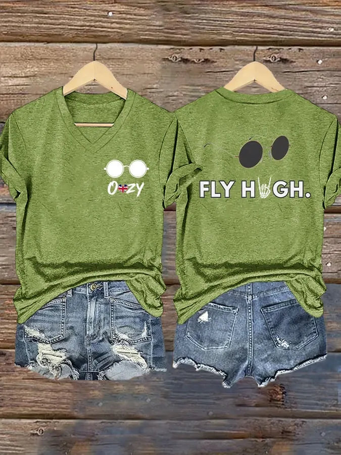 V-Neck Retro Rip Prince Of Darkness Fly High Print T-Shirt