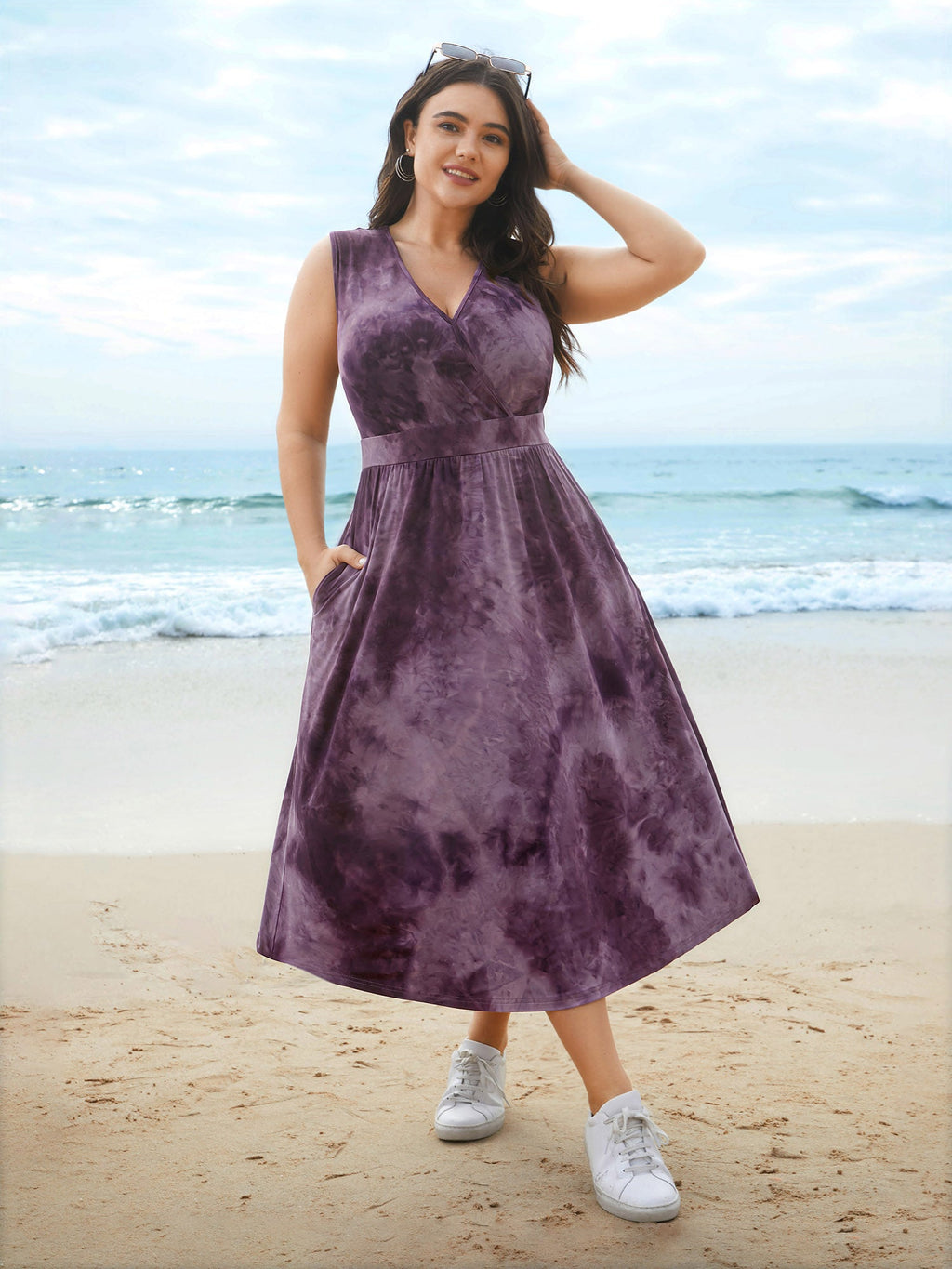 Tie-Dye Surplice Neck Curved Hem Midi Dress