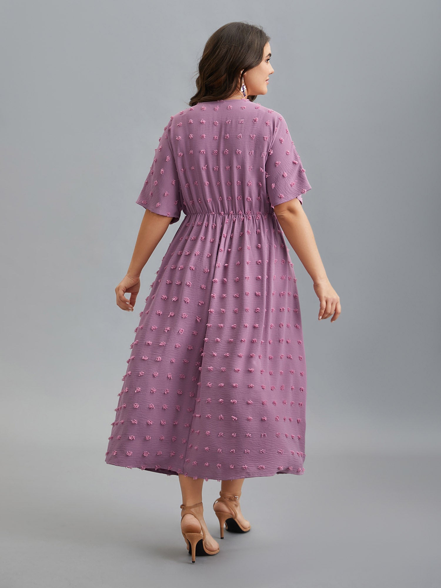 V-Neck Textured Batwing Sleeve Midi Dress
