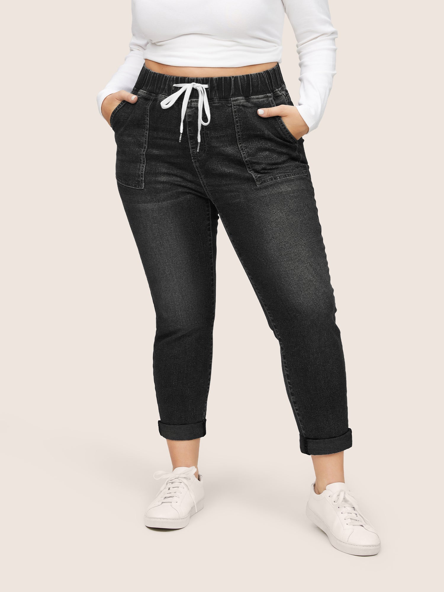 Drawstring Elastic Waist Roll Hem Jeans