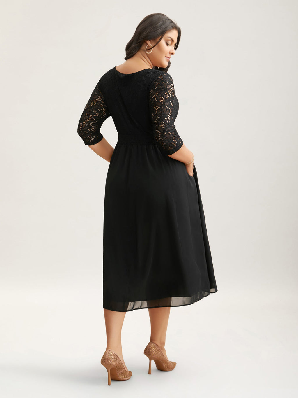 Lace Patchwork Shirred Midi Pocket Dress