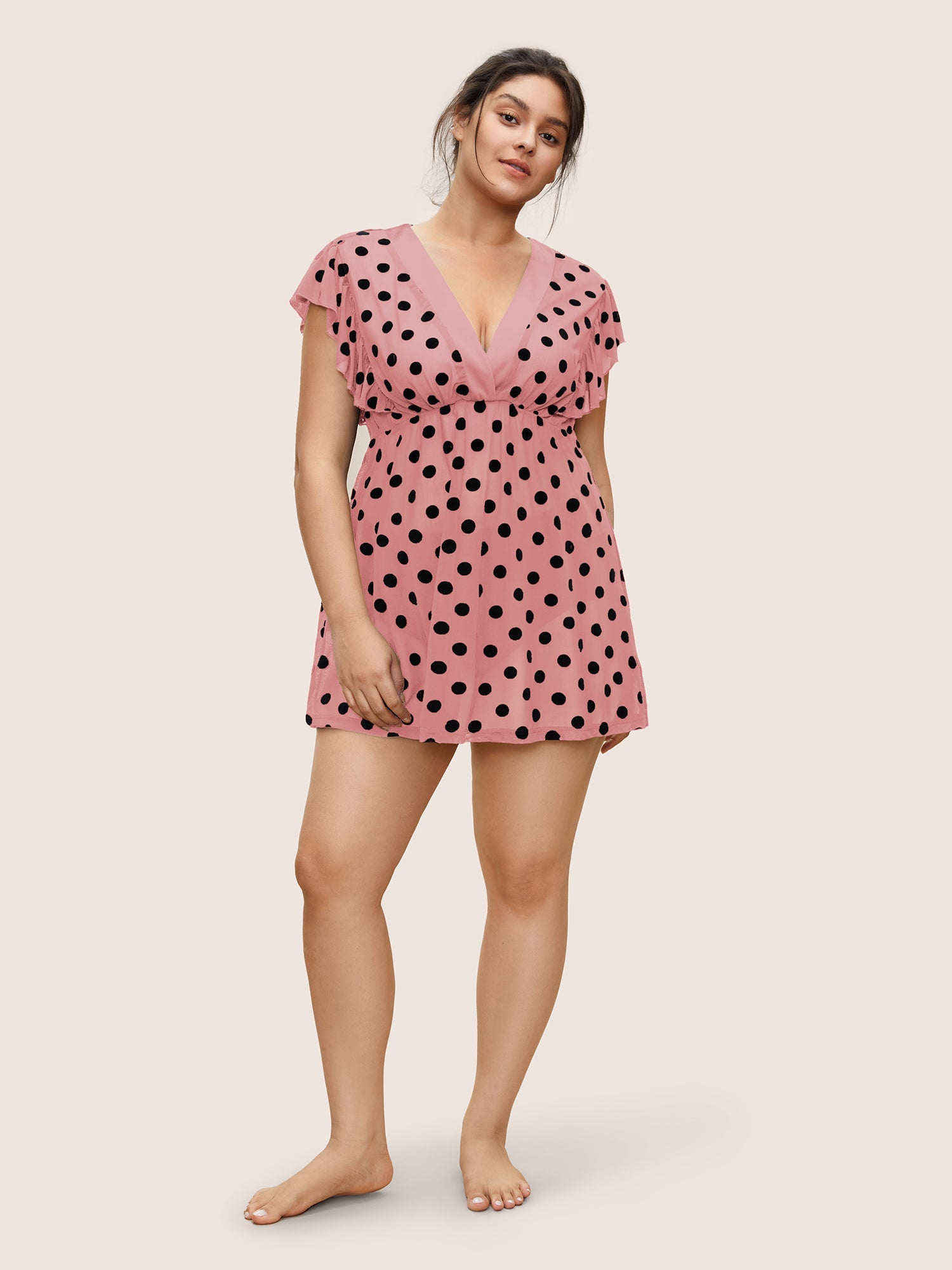Polka Dot Mesh Ruffle Cap Sleeve Sleep Dress