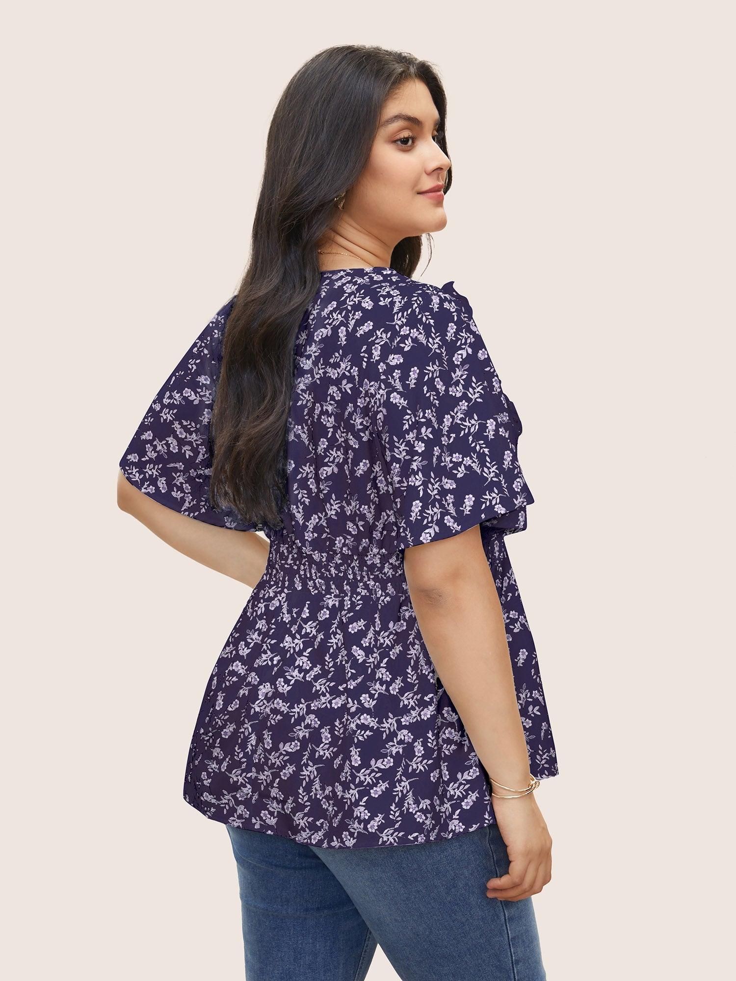 Floral Pleated Elastic Waist Ruffle Sleeve Blouse
