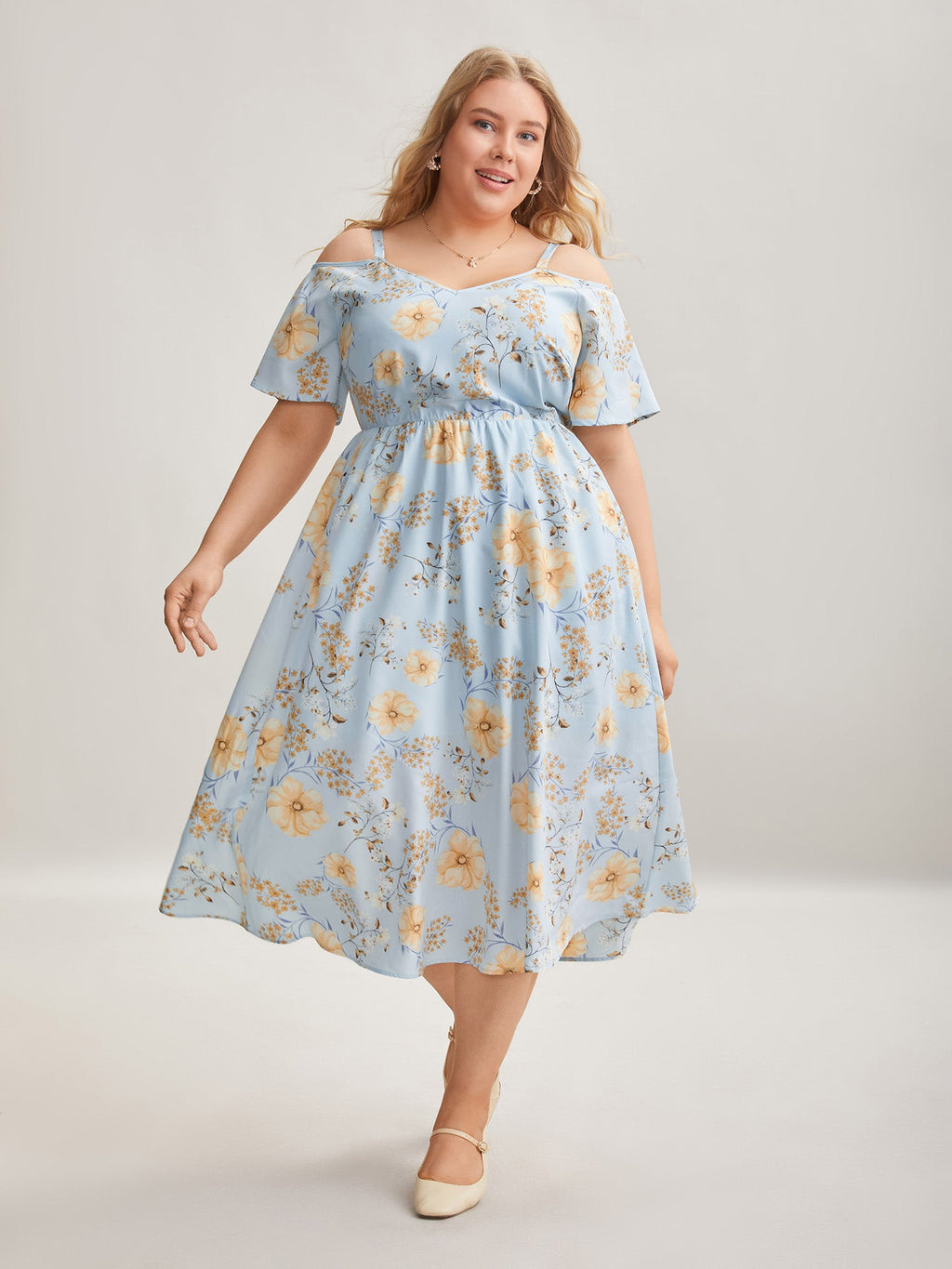 Floral Print Cold-Shoulder Pockets Midi Dress
