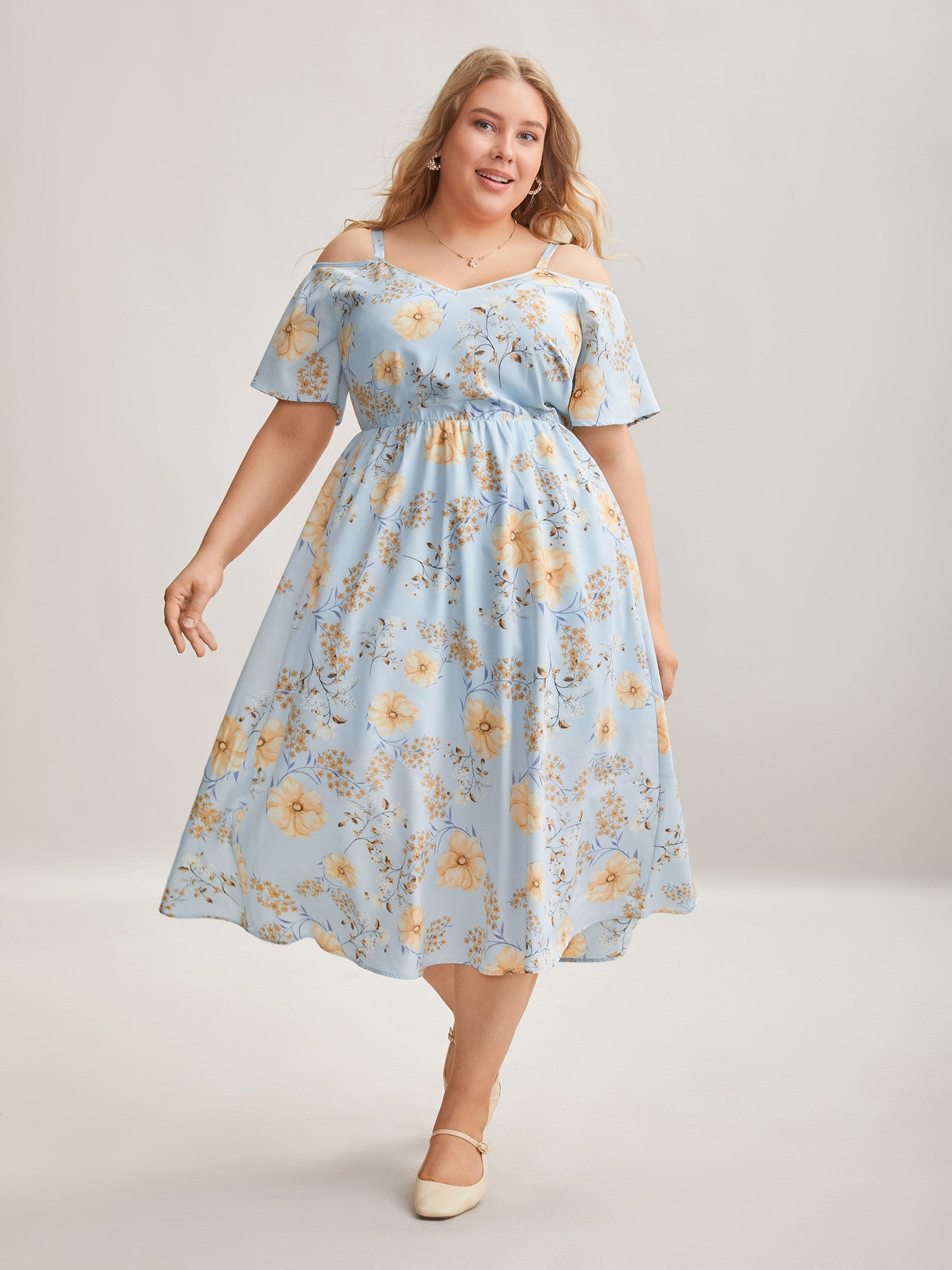 Floral Print Cold-Shoulder Pockets Midi Dress