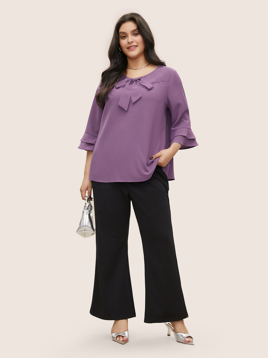 Solid Ribbon Tied Collar Bell Sleeve Blouse