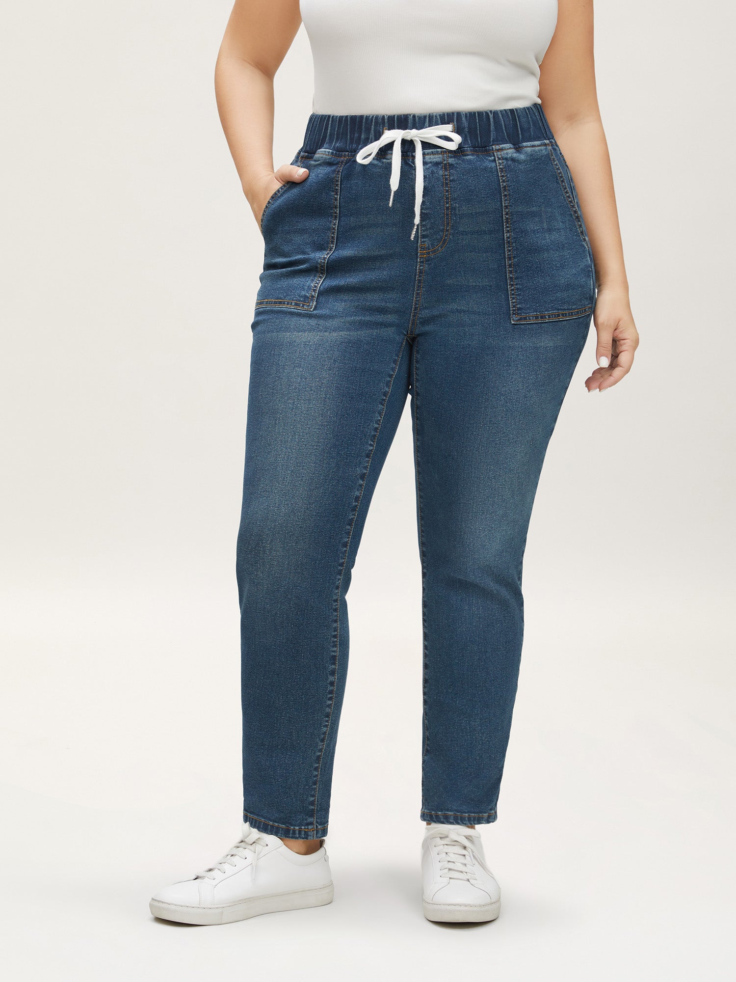 Drawstring Elastic Waist Roll Hem Jeans