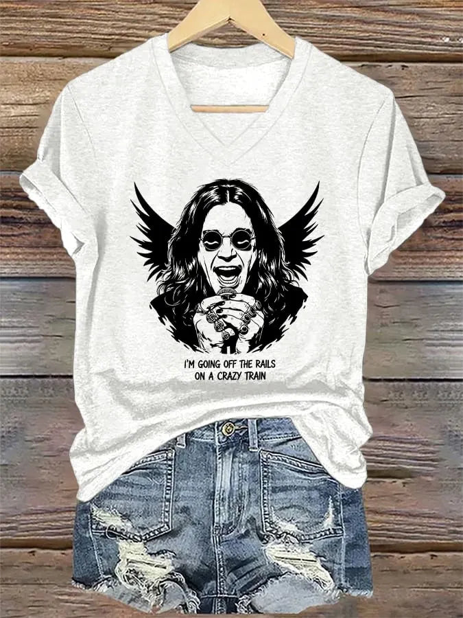 V-Neck Retro Rip Prince Of Darkness I'm Going Off The Rails On A Crazy Train Print T-Shirt