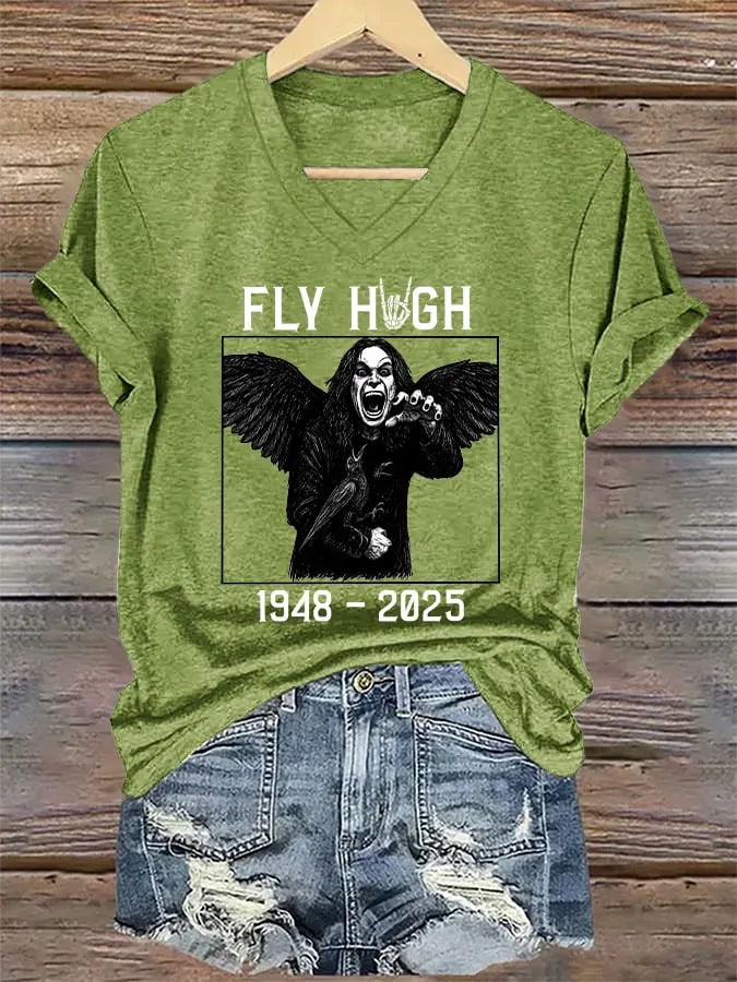 V-Neck Retro Rip Prince Of Darkness Fly High Print T-Shirt