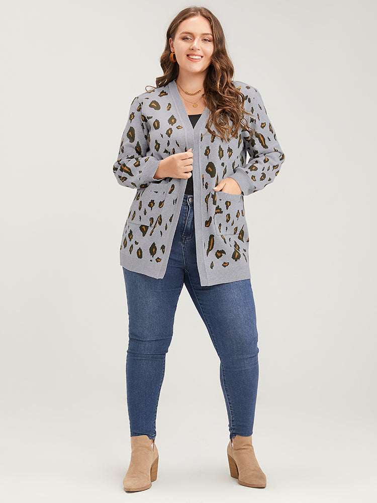 Leopard Super Soft Knit Pocket Jacquard Open Front Cardigan
