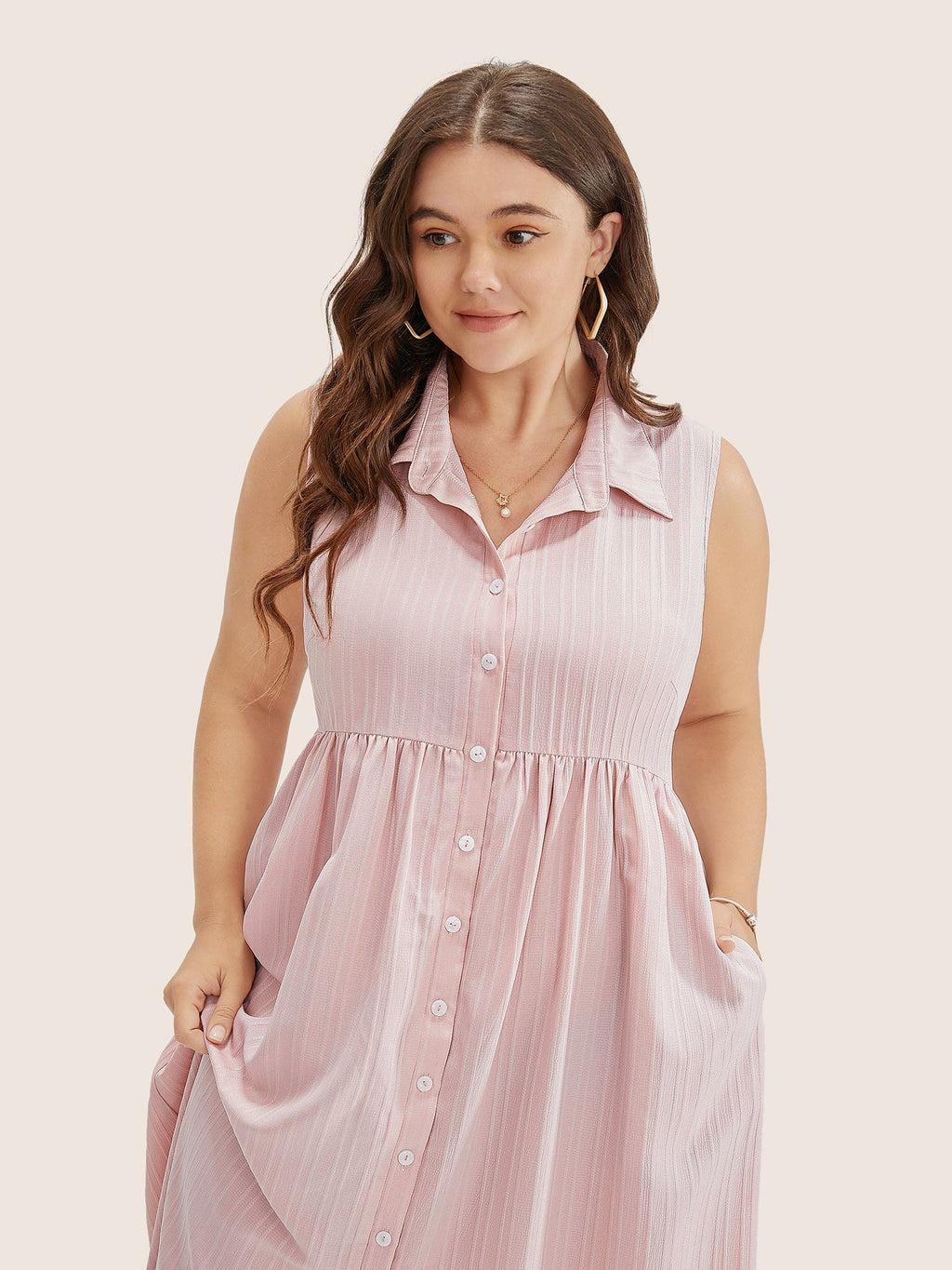 Solid Shirt Collar Ruffle Pocket High Low Hem Button Up Dress