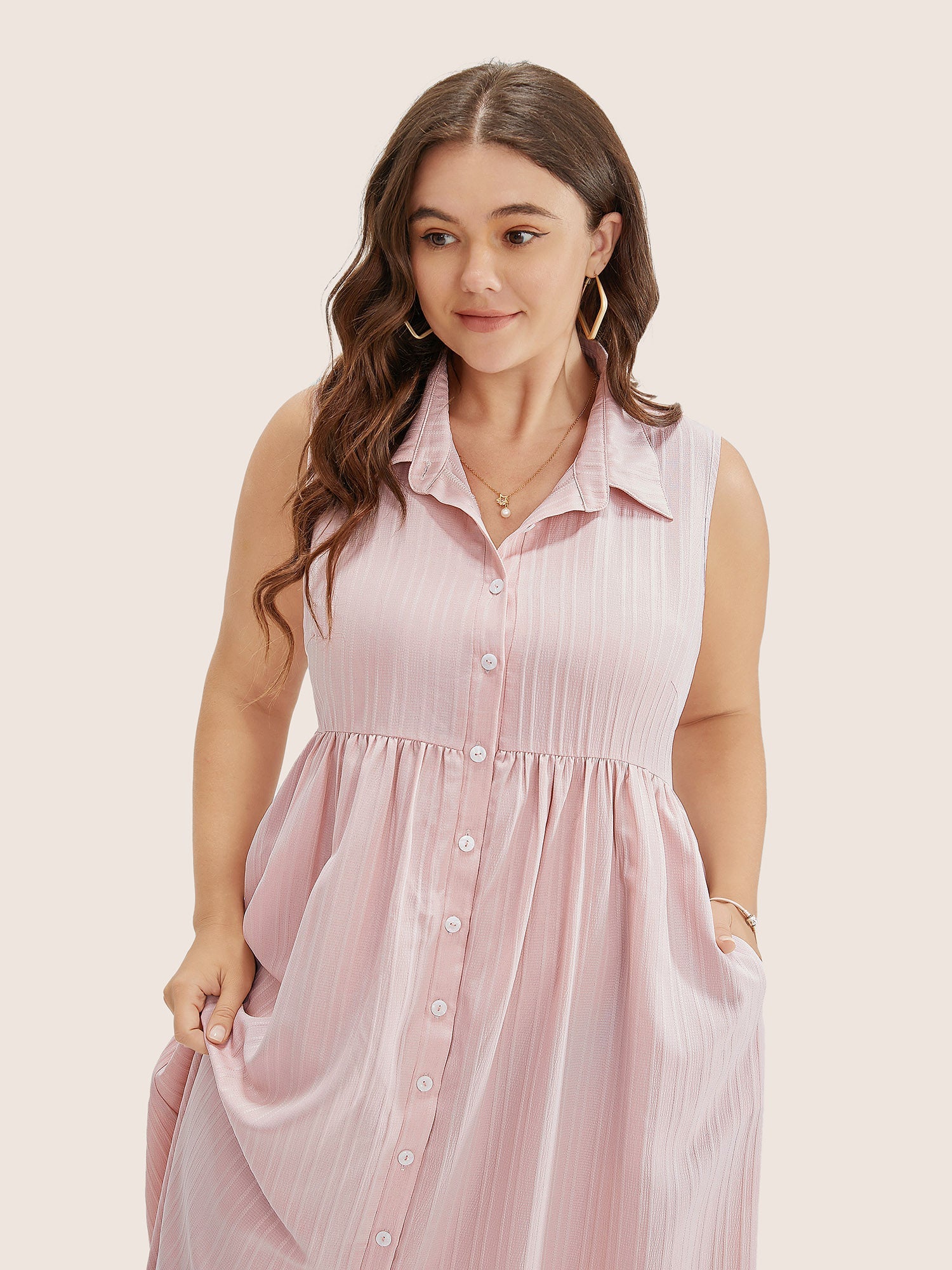 Solid Shirt Collar Ruffle Pocket High Low Hem Button Up Dress