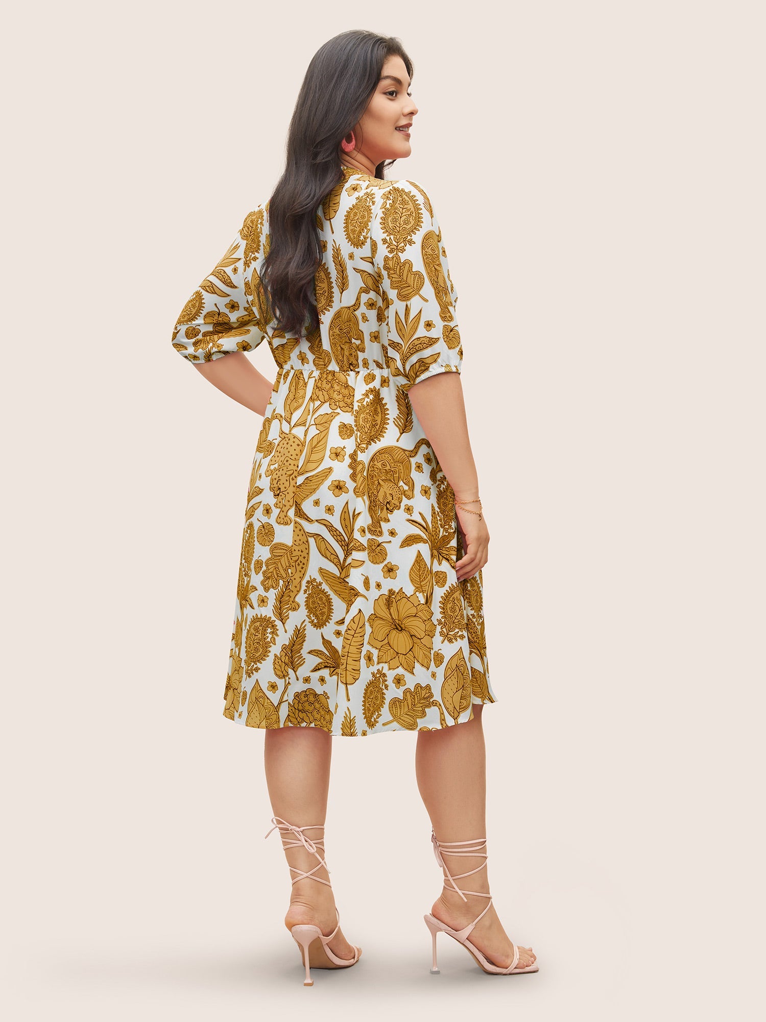 Plants & Animal Print Notched Lantern Sleeve Dress