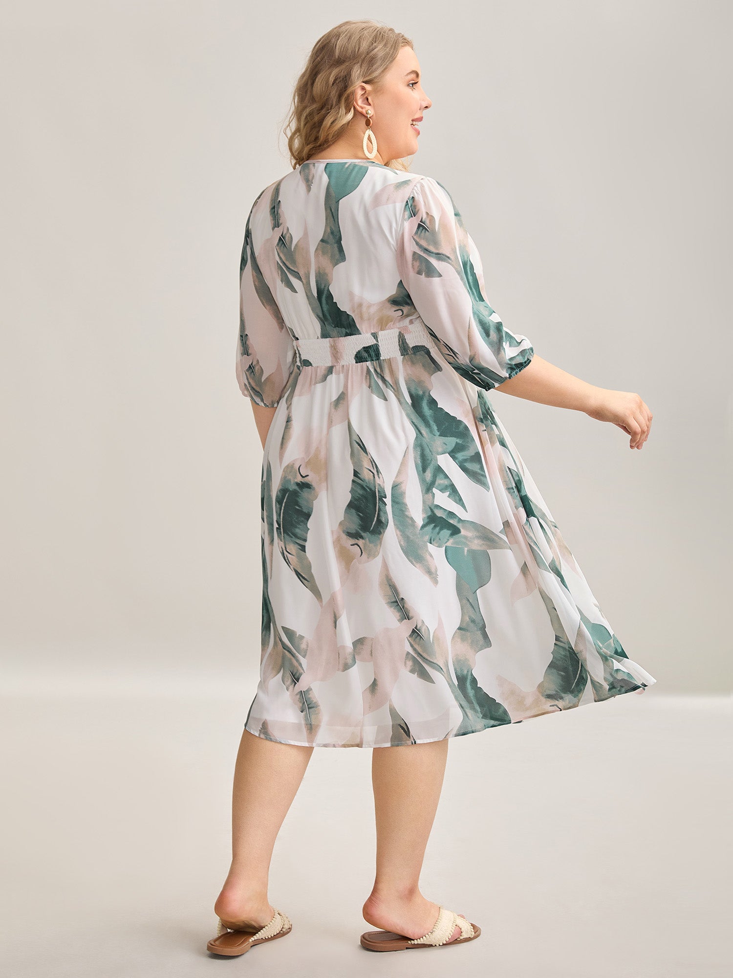Sheer Chiffon Shirred Pockets Midi Dress