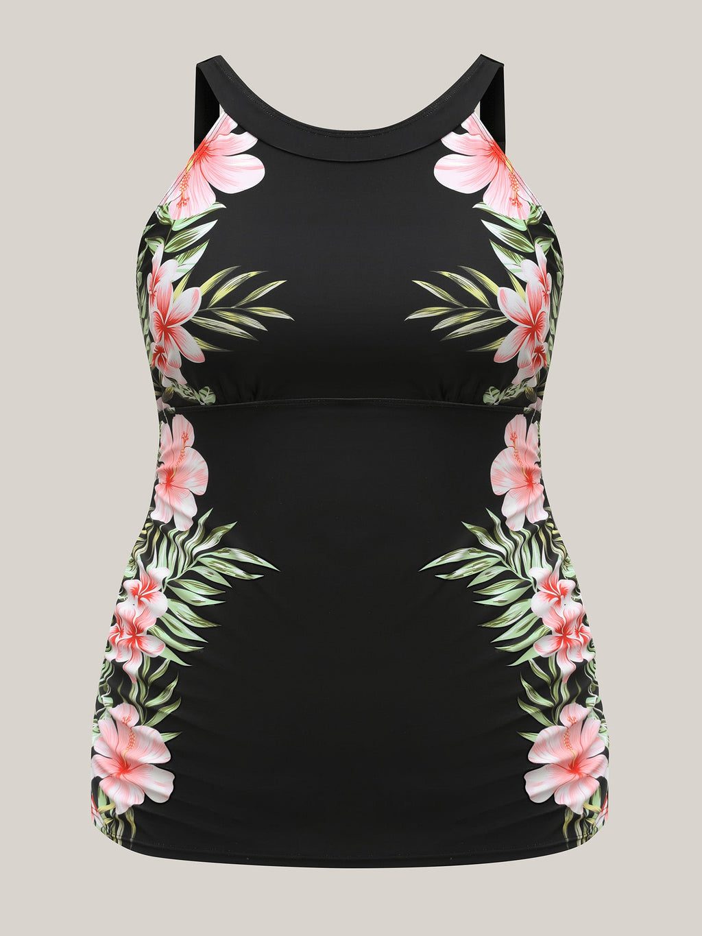 Side Floral Pattern Round Neck Swim Top