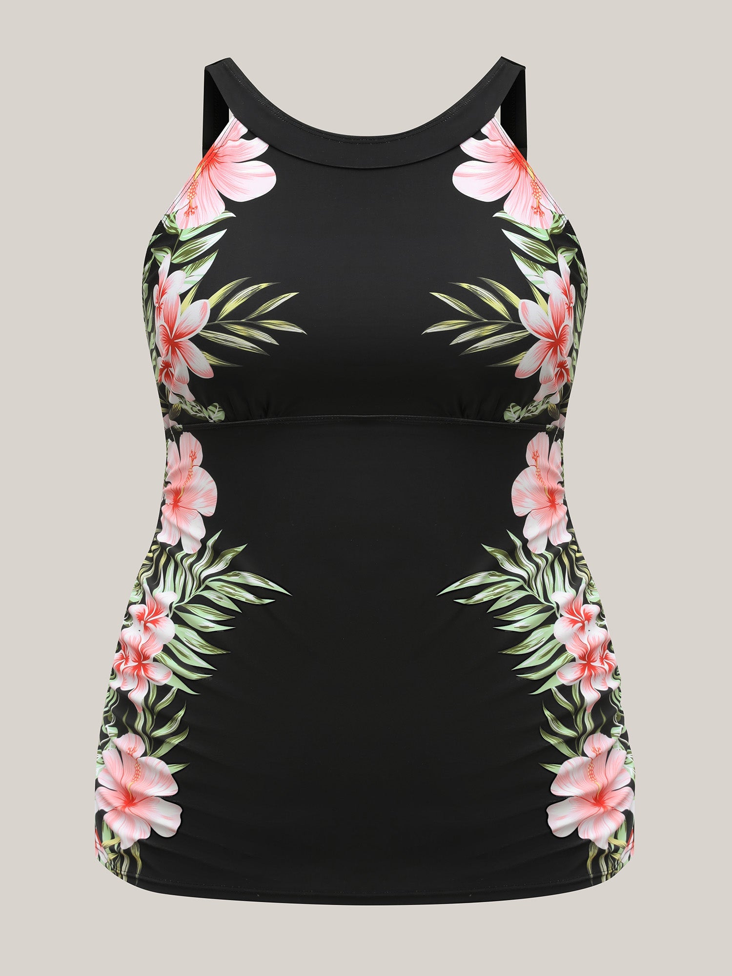 Side Floral Pattern Round Neck Swim Top