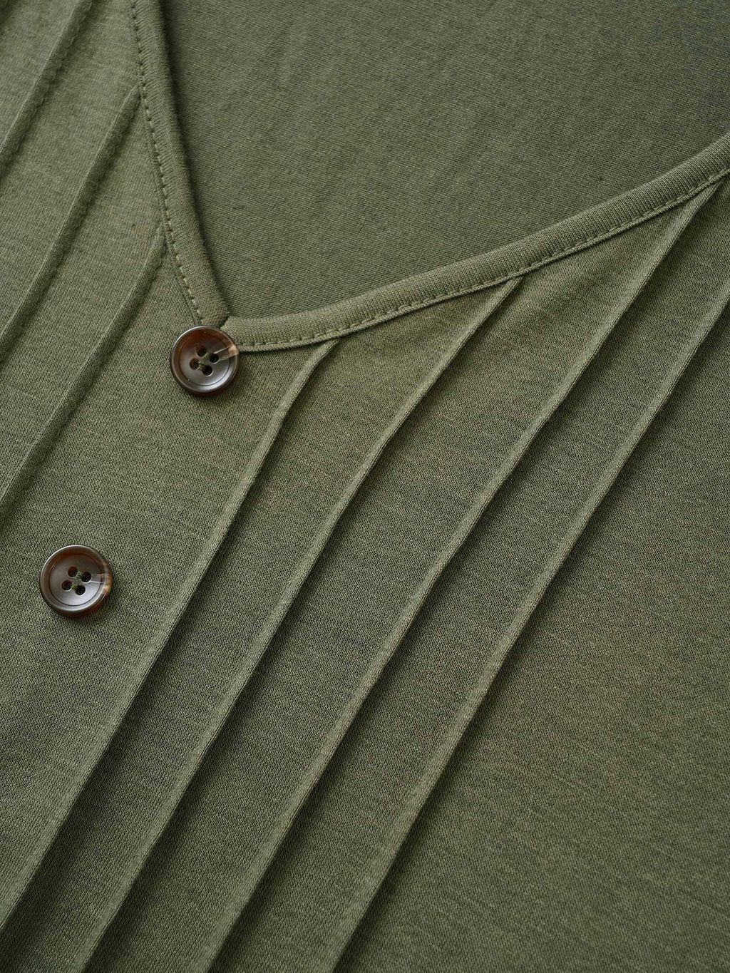 Solid Pleated Front Button Detail V Neck T-shirt