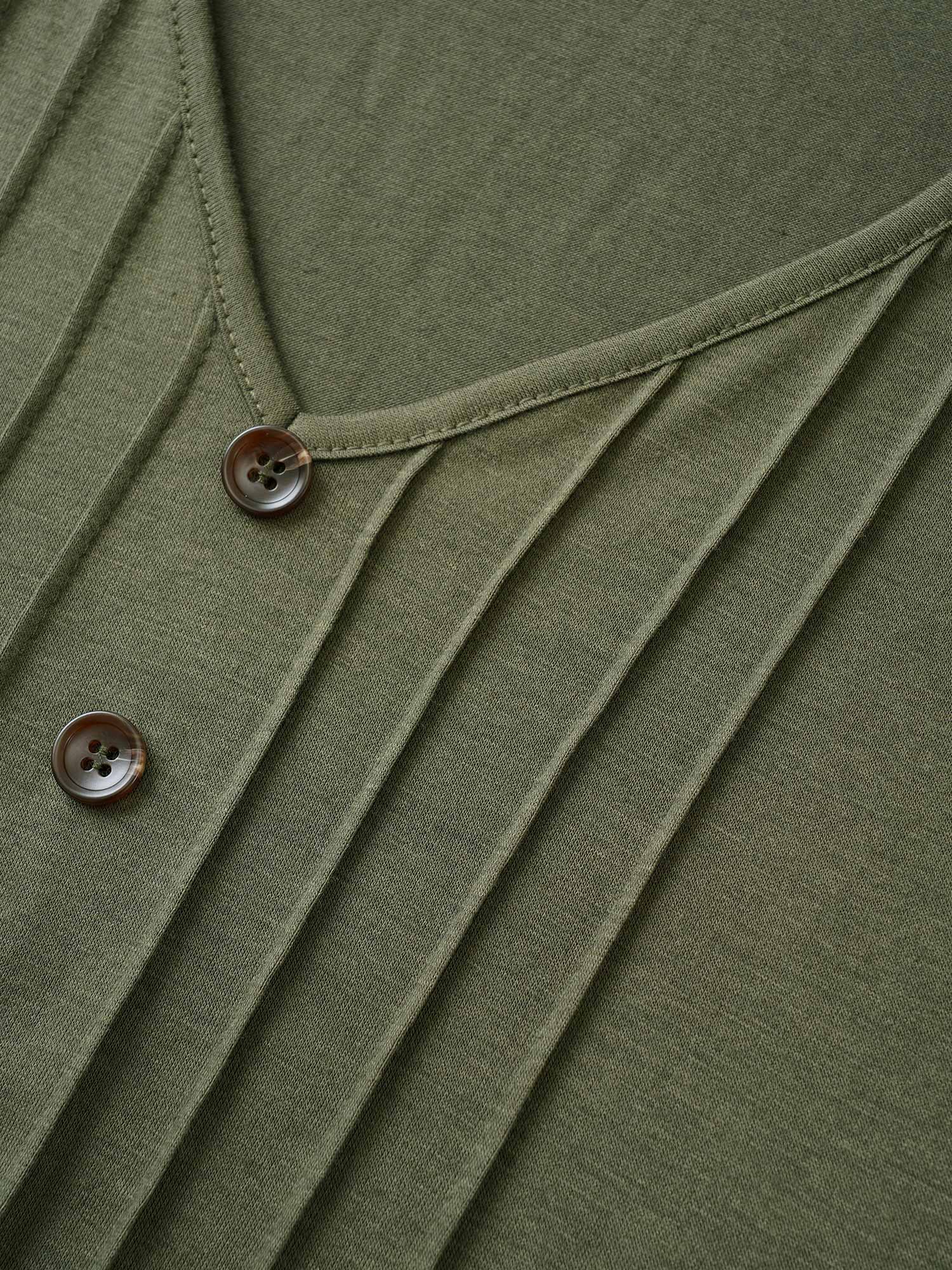 Solid Pleated Front Button Detail V Neck T-shirt