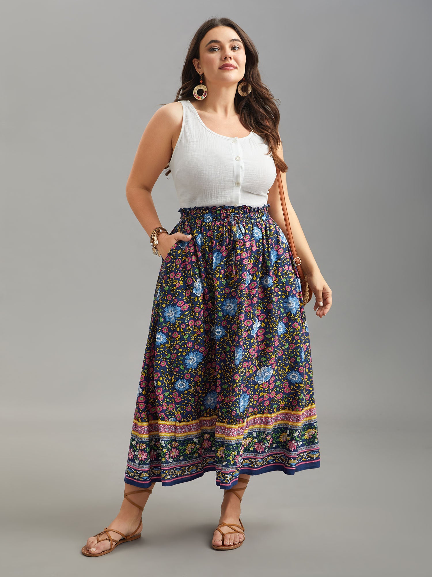 Boho Print Stretchy Waist Flared Maxi Skirt
