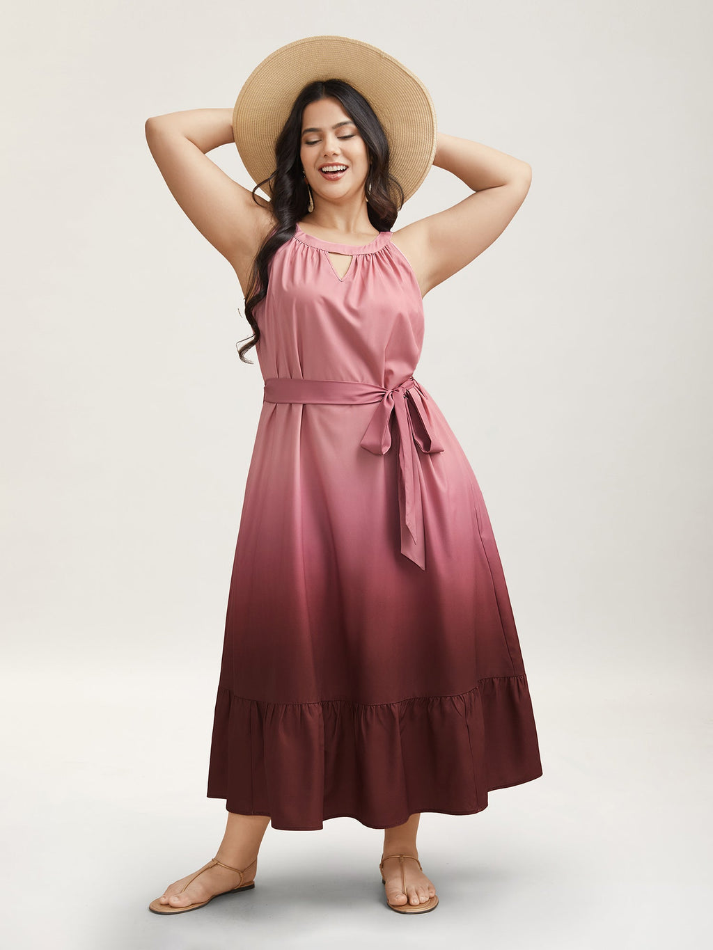 Ombre Gradient Waist-Tie Pockets Midi Dress