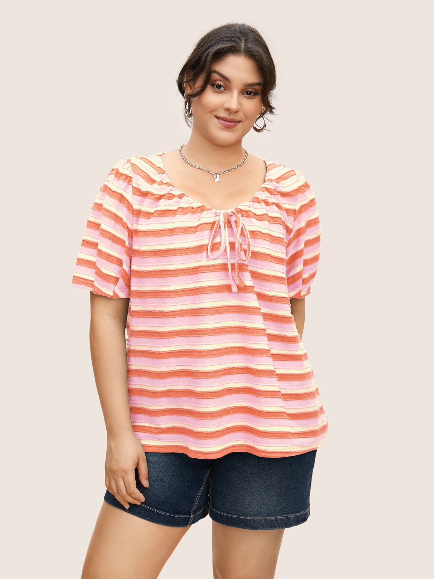 V Neck Textured Striped Tie Knot T-shirt