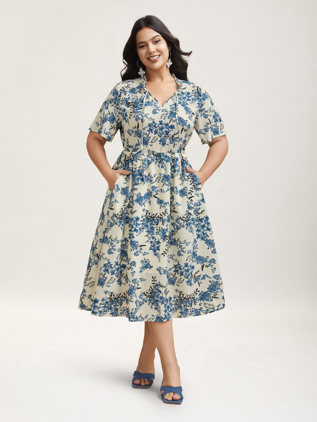In Full Bloom Notched Collar Pockets Midi Dress