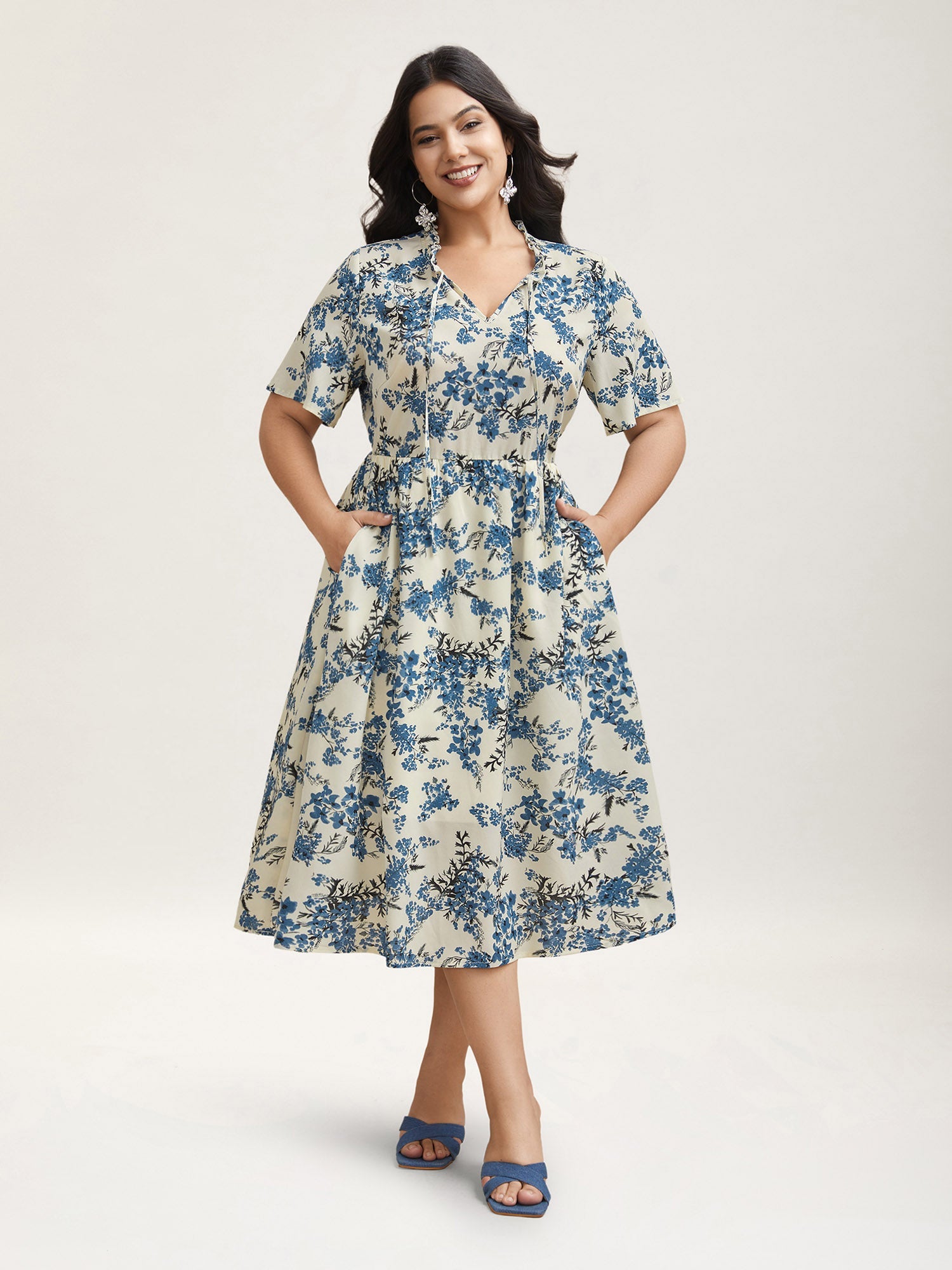 In Full Bloom Notched Collar Pockets Midi Dress
