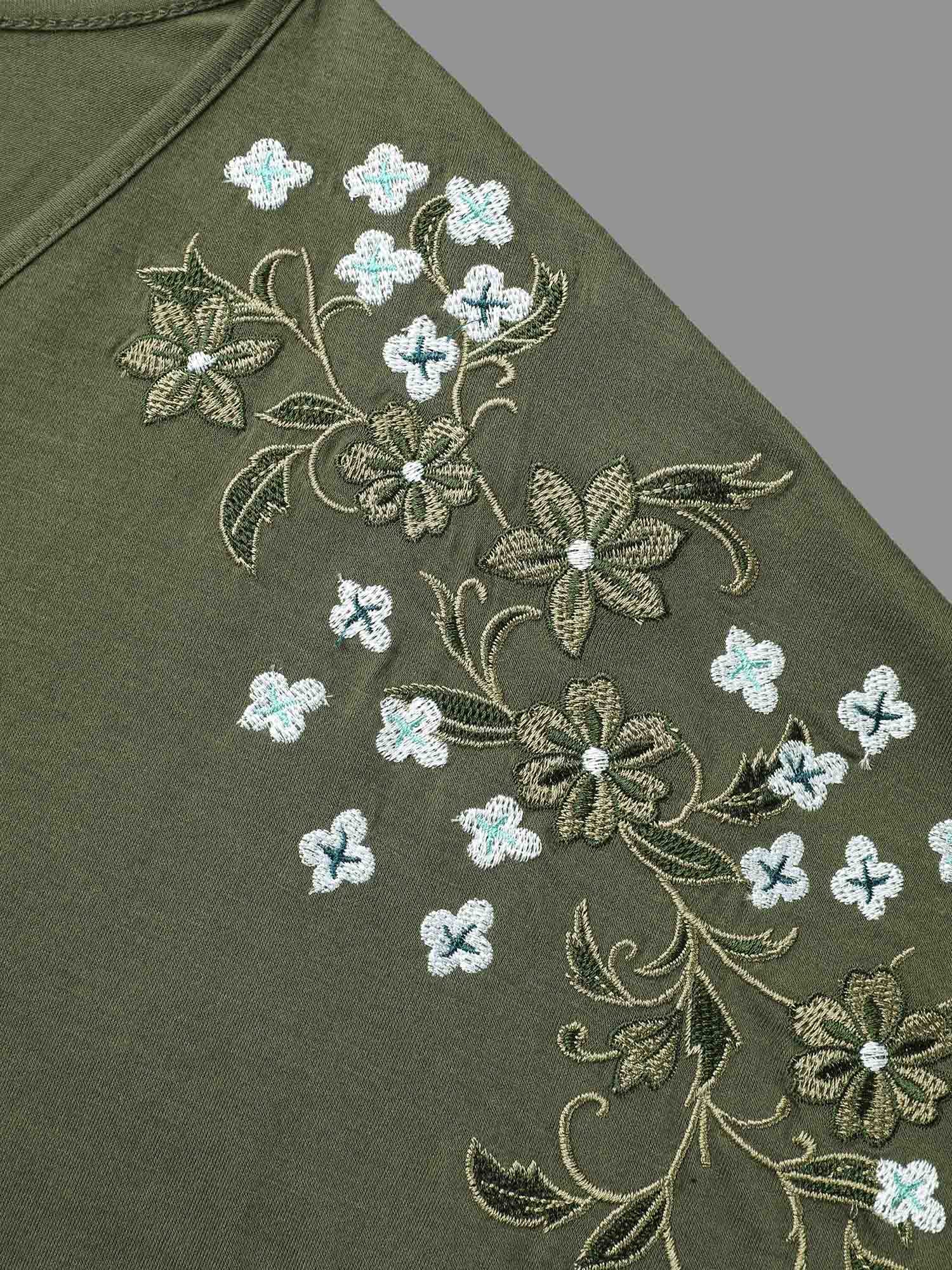 Stretchy Embroidered Drop Shoulder T-Shirt