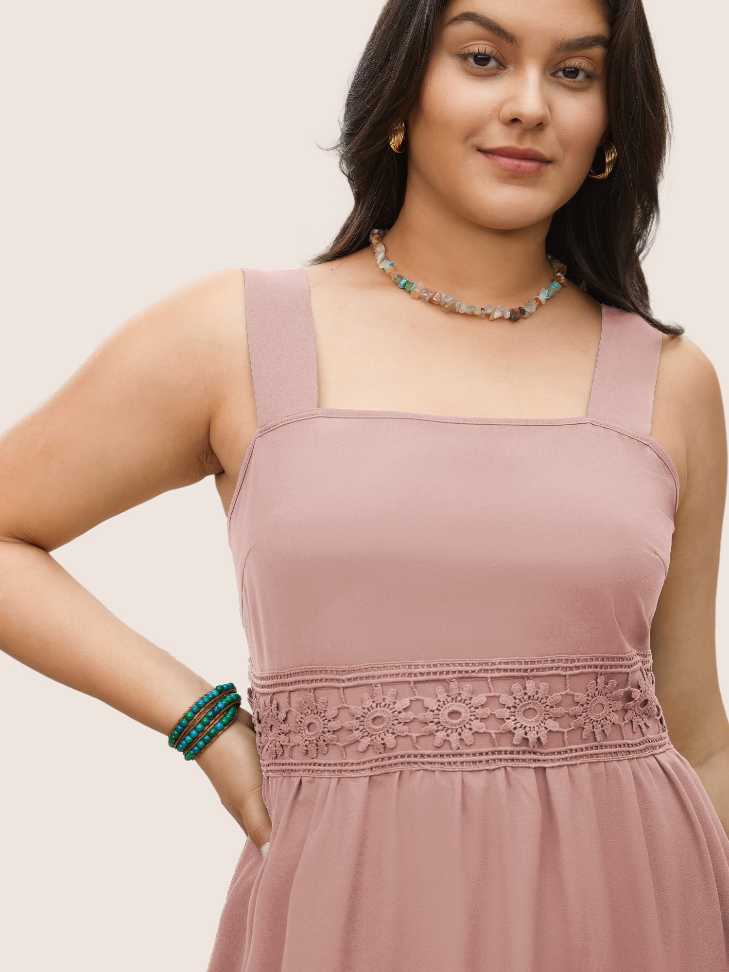Plain Elastic Waist Cut Out Lace Patchwork Dress