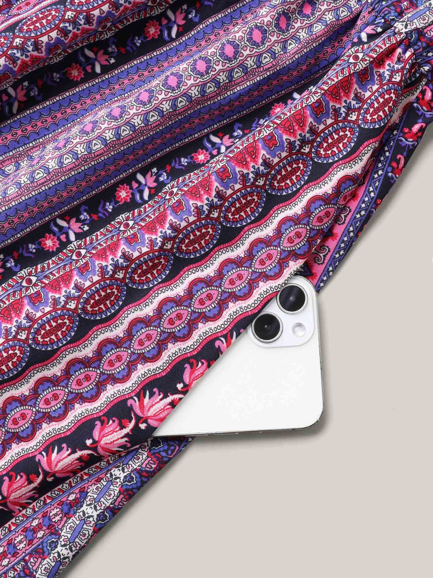 Boho Print Stretchy Waist Pockets Midi Dress