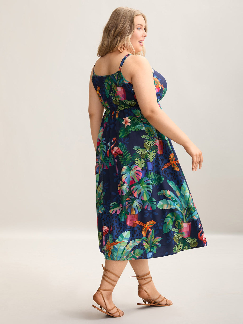 Tropical Pattern Surplice Pockets Midi Dress
