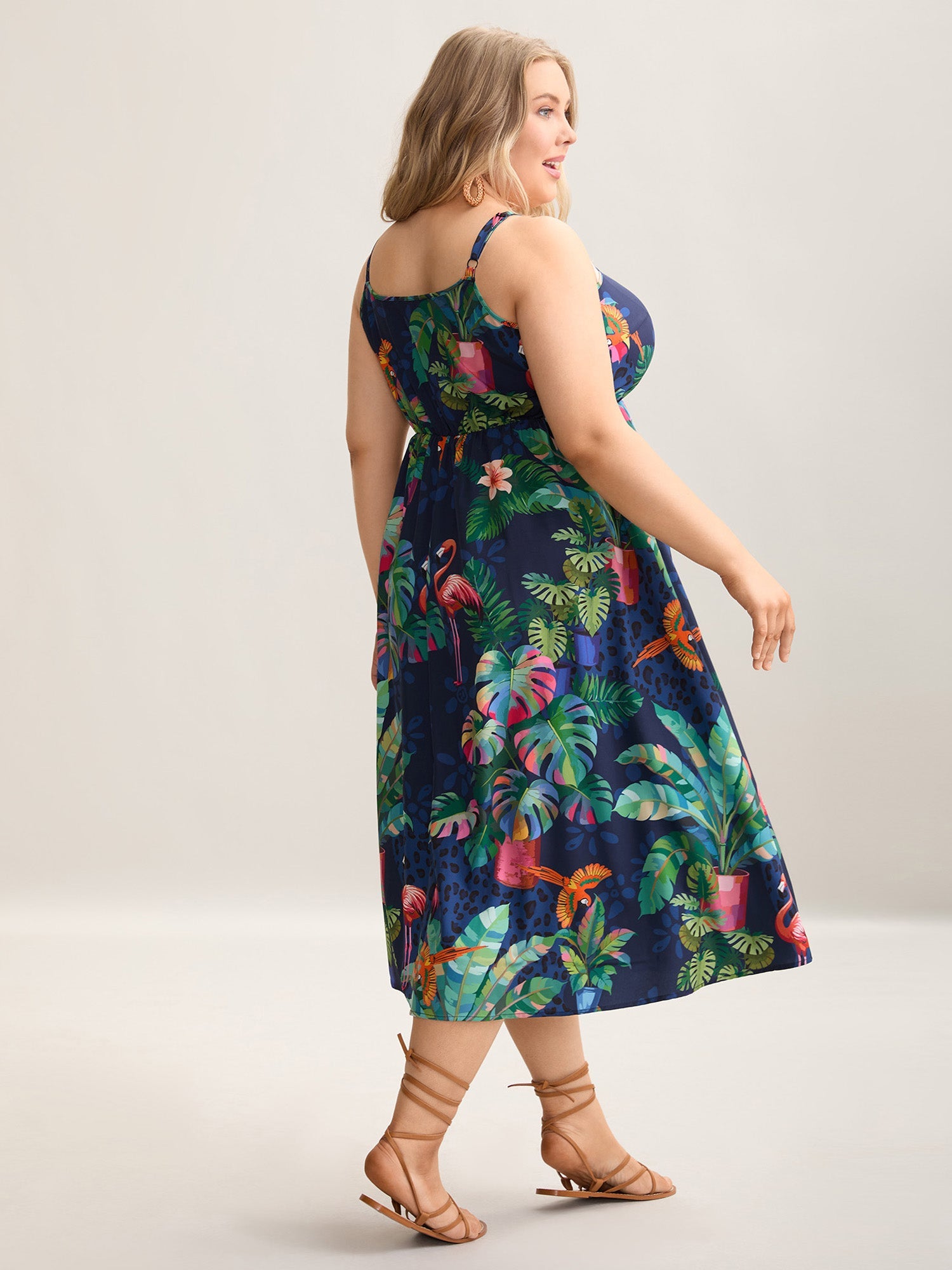 Tropical Pattern Surplice Pockets Midi Dress