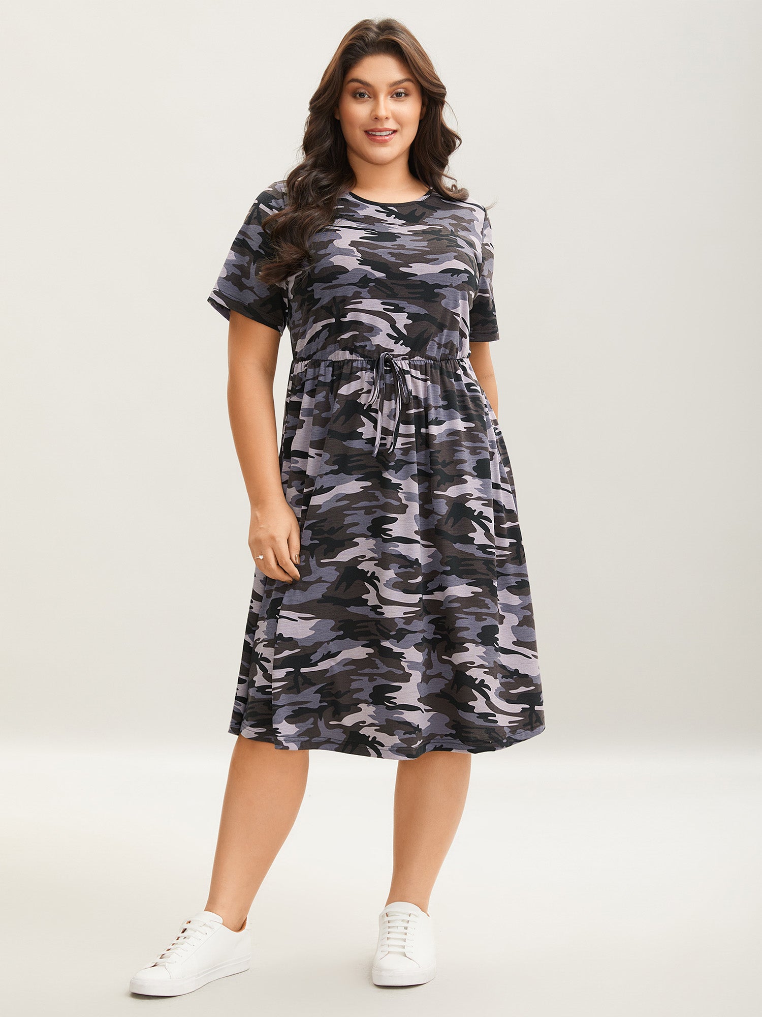Camouflage Print Round Neck Pockets Midi Dress