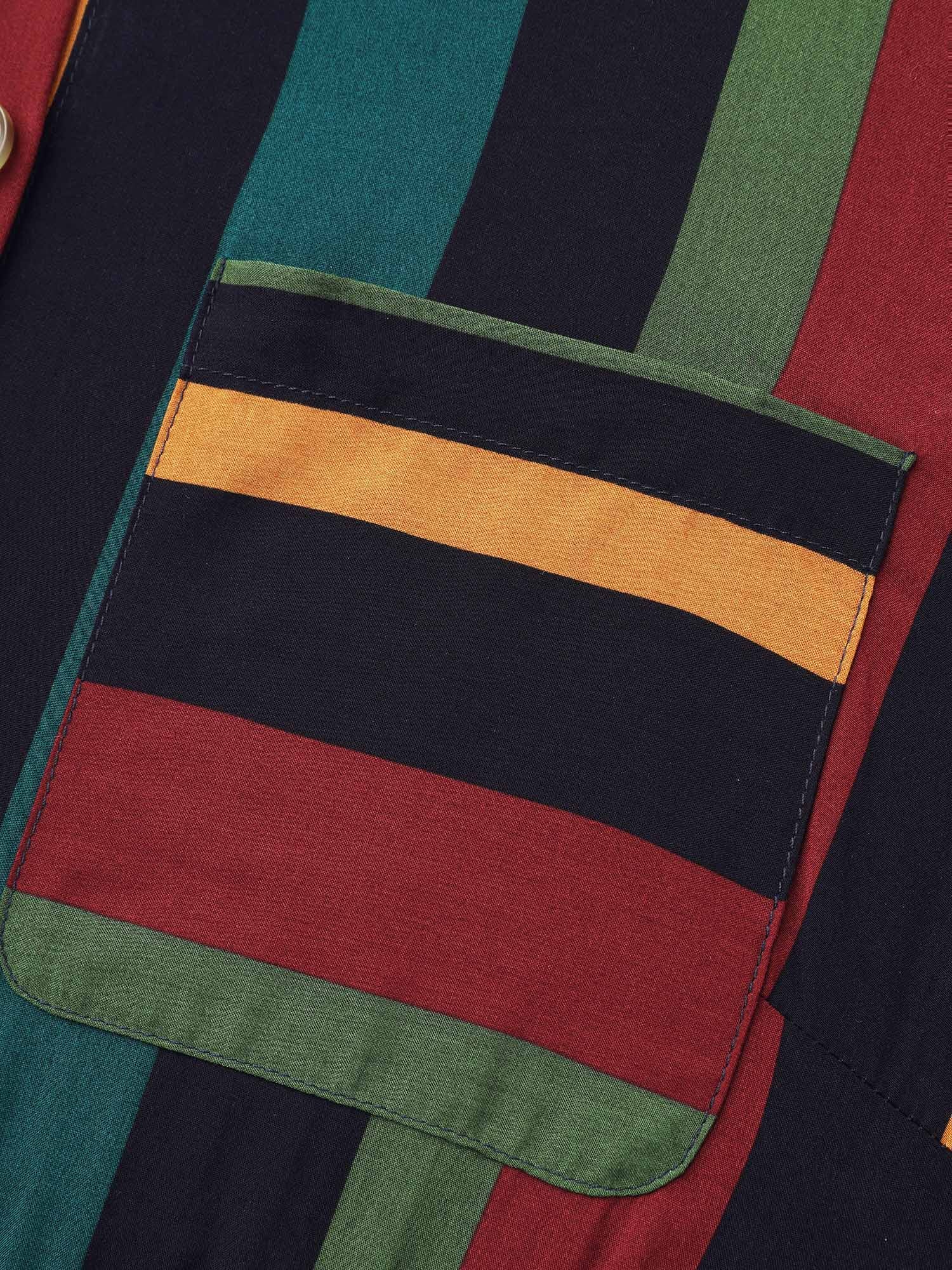Multi-Color Striped Print Pockets Shirt Dress
