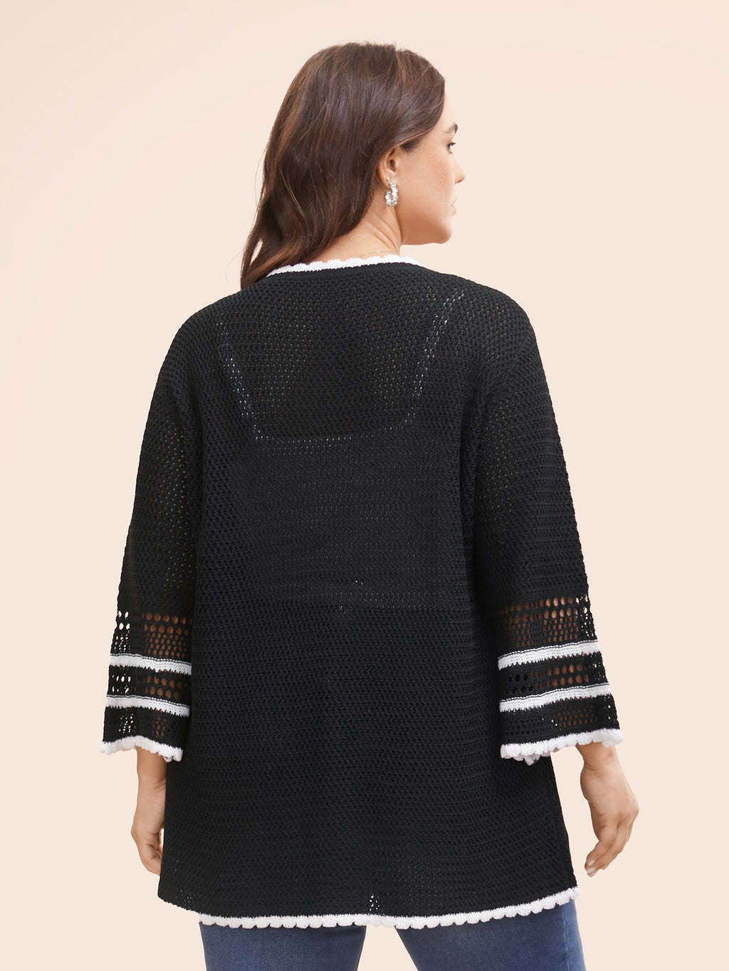Solid Contrast Trim Bell Sleeve Cardigan